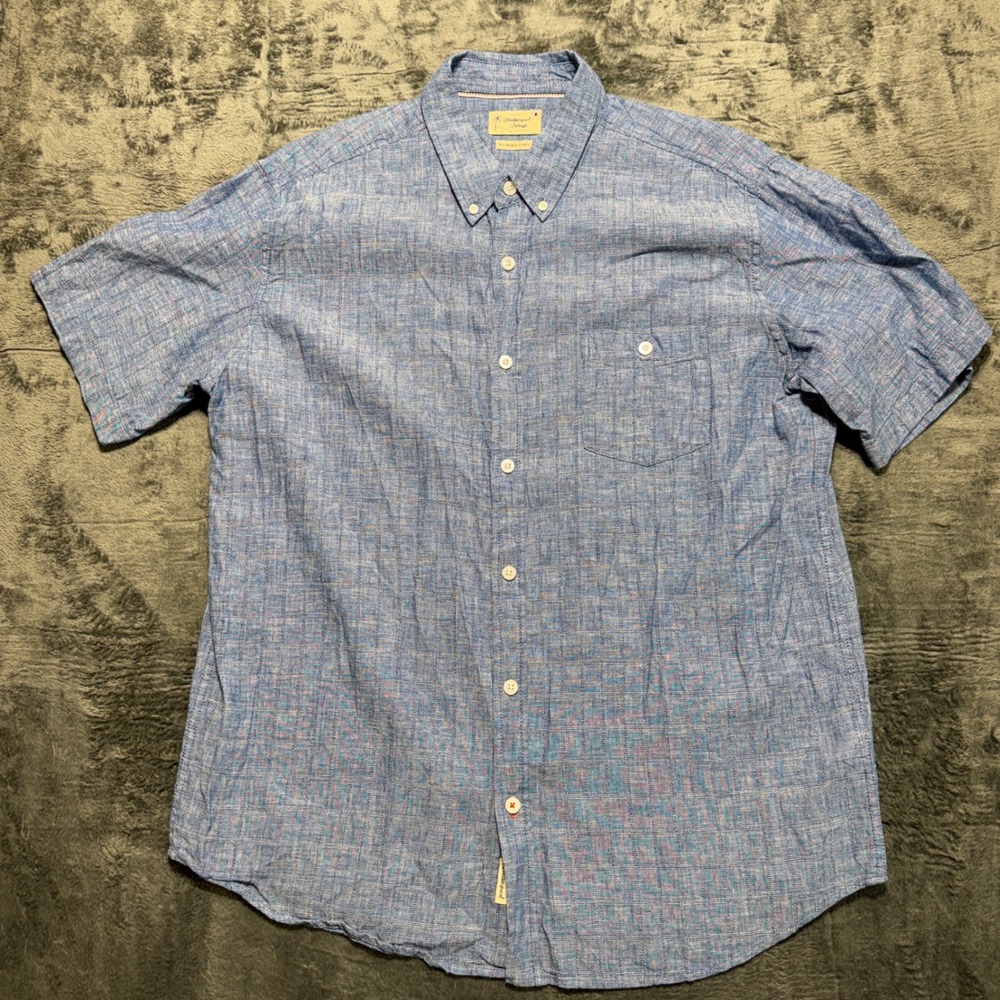 Weatherproof Vintage Button Down Shirt Mens XL Blue Linen Blend Short Sleeve
